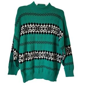 Vintage 90s Teal Fair Isle Knit Sweater USA‎ Grandpa Core Cottagecore L